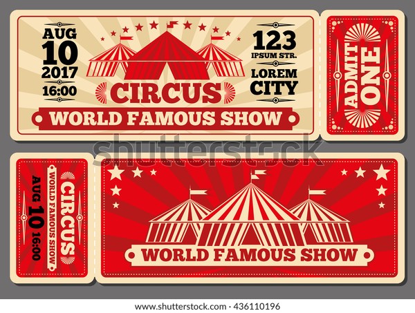 Circus magic show entrance vector tickets\
templates. Ticket for entrance to circus and illustration template\
ticket to event