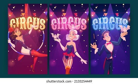 Circus magic show performance cartoon posters. Big top tent artists aerial gymnast girl, magician conjurer and woman with doves perform carnival entertainment on marquee stage Vector invitation flyers