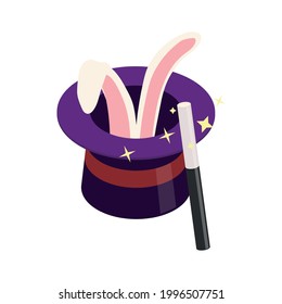 Circus magician atribuye icono isométrico con conejo en sombrero y varita mágica ilustración vectorial 3d