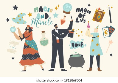 Circus Magician Characters Performing Tricks with Top Hat, Crystal Ball and Cauldron. Animators, Big Top Illusionists Perform Magic Show, Carnival Amusement Event. Cartoon People Vector Illustration