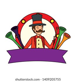 circus magician with hat and trumpets in frame