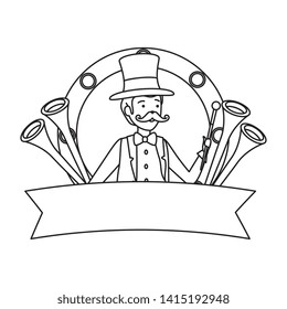circus magician with hat and trumpets in frame