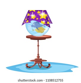 circus magician illusionist props accessories with fish aquarium and table, cartoon flat vector illustration, isolated on white backgraund
