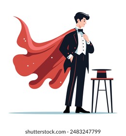 Circus magician man with magic hat, flat vector illustration isolated on white. Cartoon style. Performer character. Man funfair carnival entertainer or announcer, showman in suit.