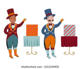 Circus magician with table and magic box on white background. Circus hand drawn vector illustration.