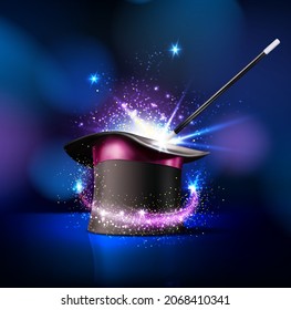 Circus magician top hat and magic wand trick with sparkling light, vector background. Circus show or funfair carnival poster with magician illusionist or wizard cylinder cap and wand with magic shine