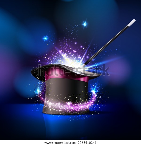 Circus magician top hat and magic wand trick with
sparkling light, vector background. Circus show or funfair carnival
poster with magician illusionist or wizard cylinder cap and wand
with magic shine
