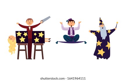 Circus Magicians Characters Performing Tricks at Magic Show Set Vector Illustration