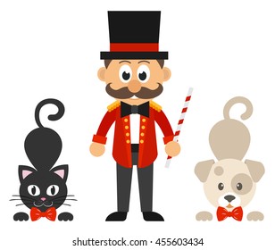circus man and cartoon cat and dog vector