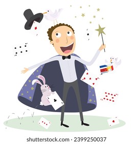 A circus man magician playing with card, doves and rabbit. Vector illustration.