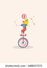 Circus man and monkey on unicycle bike