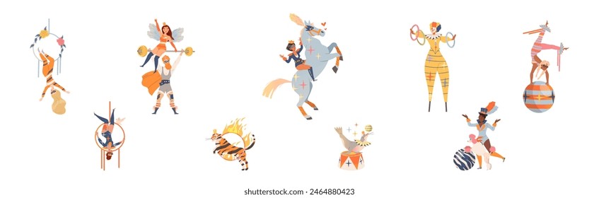 Circus Man and Woman Performer Showing Stunt and Trick Vector Set