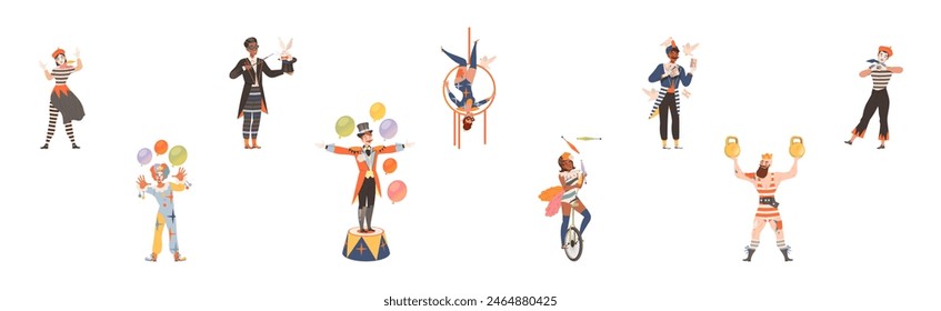 Circus Man and Woman Performer Showing Stunt and Trick Vector Set