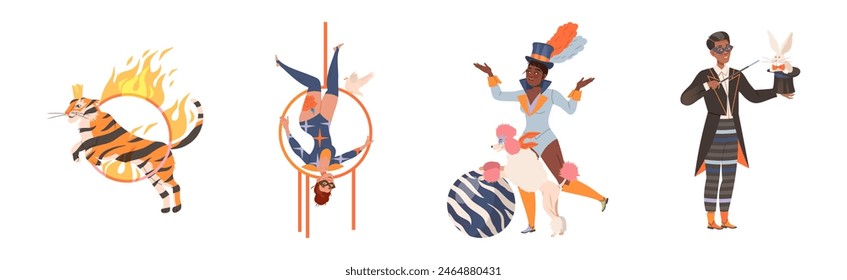 Circus Man and Woman Performer Showing Stunt and Trick Vector Set