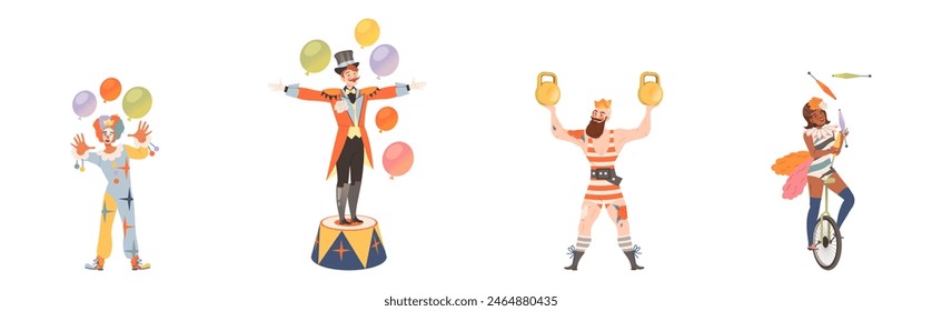 Circus Man and Woman Performer Showing Stunt and Trick Vector Set