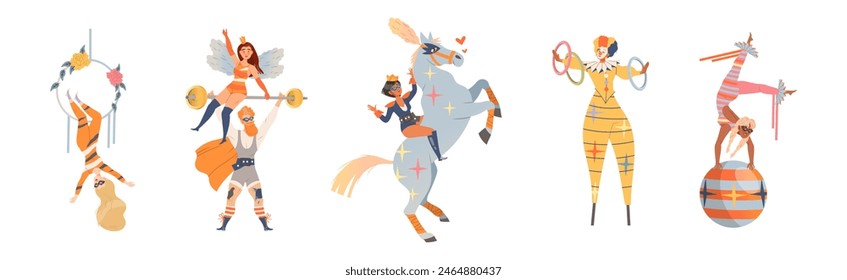 Circus Man and Woman Performer Showing Stunt and Trick Vector Set