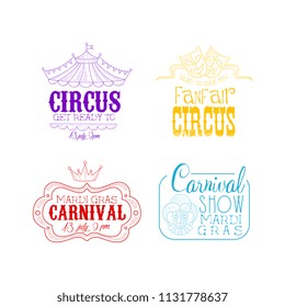 Circus and Mardi Gras carnival logos set. Hand drawn vector emblems in different colors with top of tent, theatrical masks, crown and jester