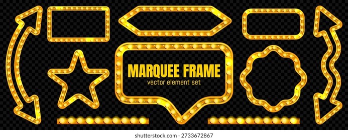 Circus marquee light sign frame for casino. Gold retro movie bulb signage banner with neon lamp border design. Blank glowing Hollywood board for text badge in vector. Classic quiz game lightbox