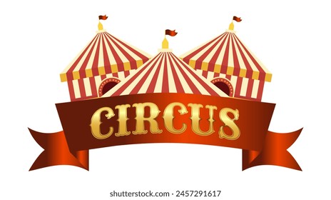 Marquesinas de circo con cinta de seda roja brillante con título. Ilustración retro y vintage cartel de signo rojo de circo, con marquesina, marco de circo de carnaval. Aislado en blanco. signo, Anuncio de circo