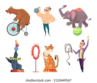 Circus mascots. Clouns, performers, juggler and other characters of circus. Strongman performance, elephant and bear. Vector illustration