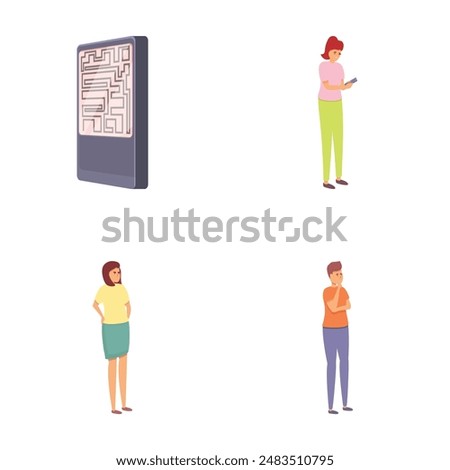 Circus maze icons set cartoon vector. People solve maze game. Entertainment, pastime
