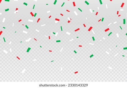 Circus mexico independence day red, green and white confetti rain down in celebration, creating a festive atmosphere full of joy and patriotism. Isolated cartoon vector festive decor falling down