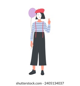 Circus mime funny artist. Amusement park festival, circus comedy performance cartoon vector illustration