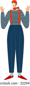 Circus mime male character, cheerful smiling mute clown show performance isolated on white, flat vector illustration. Traditional europe jester costume.