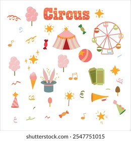 Circo. Feira de Celulares. Feriado. Desempenho. Truques. Atributos de um espetáculo de circo. Decorações para o feriado. Ilustração vetorial