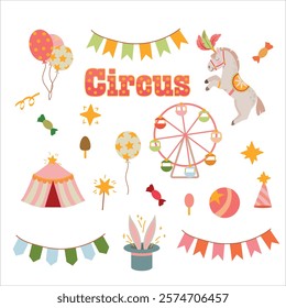 Circus. Mobile Fair. Holiday. Performance. Tricks. Attributes of a circus show. Decorations for the holiday. Vector illustration