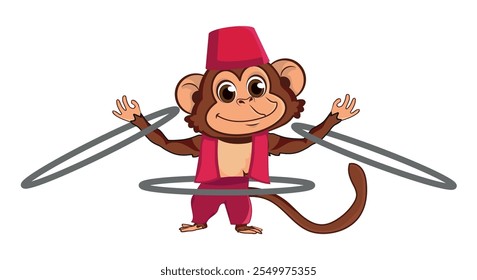 Circus monkey juggler character with rings on funfair carnival, cartoon vector. Circus performer animal, funny monkey in hat juggling rings for kids, vector cartoon illustration.