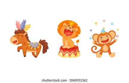 Circus Monkey and Lion Animal Roaring and Juggling Balls Performing Trick Vector Set