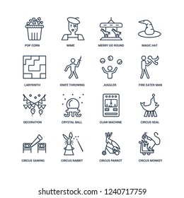 Circus Monkey, Parrot, Rabbit, Sawing, Seal, Pop corn, Labyrinth, Decoration, Juggler outline vector icons from 16 set