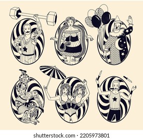 Circus. Monochrome icons collection. Vector Illustration.