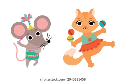 Circus Mouse and Cat Animal Performing Trick Playing Drum and Juggling Balls Vector Set