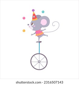 Circus mouse juggling balls on unicycle vector illustration. Cartoon isolated funny baby animal performing carnival show in amusement park, cute juggler character in hat riding bike with one wheel