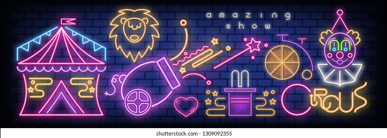 Circus Neon Glowing Icons on Banner. Amazing Shou Emblems - Fluorescent Ultraviolet Circus Characters and Objects with Shadow. Bright Signboard on Blue Brick Wall. Vector Illustration.