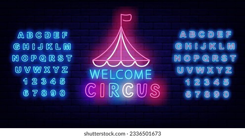 Circus neon label. Big top tent with colorful text on brick wall. Funfair advertising. Shiny turquoise alphabet. Kids party sign. Performance concept. Editable stroke. Vector stock illustration