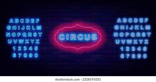 Circus neon label on brick wall. Funfair advertising. Shiny turquoise alphabet. Vintage frame. Kids party sign. Performance concept. Editable stroke. Vector stock illustration