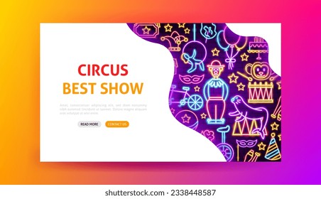 Circus Neon Landing Page. Vector Illustration of Entertainment Festival Glowing Concept.