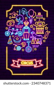 Circus Neon Poster. Vector Illustration of Entertainment Festival Glowing Concept.