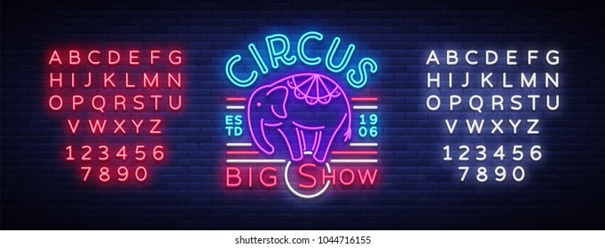 Circus neon sign. Big show design template, logo elephant in neon style, circus character, neon banner, bright nightly advertisement of circus show. Vector illustration. Editing text neon sign