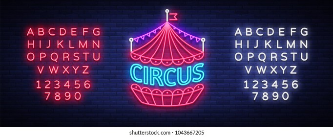 Circus neon sign. Design template, neon style logo, circus tent symbol, neon banner, bright nightlife circus show, magic show, design element. Vector illustration. Editing text neon sign