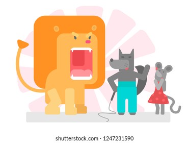 A circus number wolf is training a lion. Child mouse protection. Artists in a flat cartoon style. Colorful hand drawn vector stock illustration. 