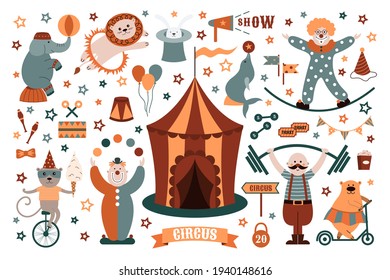 Circus objects collection: rabbit, clown, bear, lion, elephant, seal, juggler, monkey, etc. World Circus Day. Vector illustration isolated on white background. 