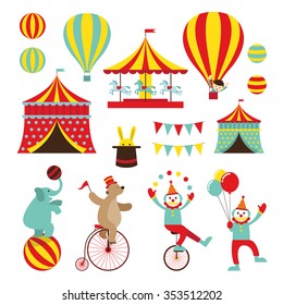 Circus Objects Flat Icons Set, Amusement Park, Carnival, Fun Fair festival