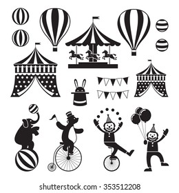 Circus Objects Icons Mono Set, Parque de atracciones, Carnaval, Feria de Diversión