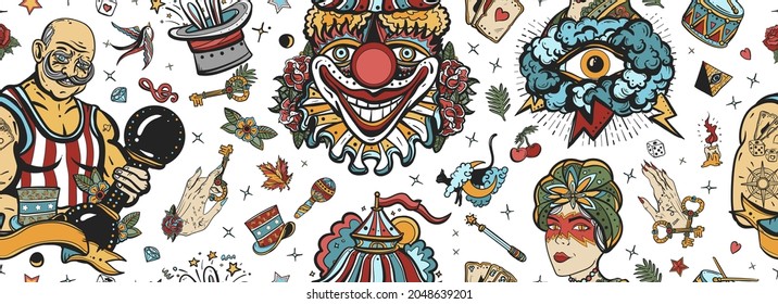 Circus. Old school tattoo seamless pattern. Clown, strong man with dumbbells, fortune teller woman, magic trick, rabbit in a magician hat. Traditional tattooing background 