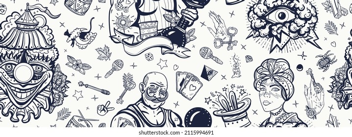 Circus.  Old school tattoo seamless pattern. Clown, strong man with dumbbells, fortune teller woman, magic trick, rabbit in a magician hat. Traditional tattooing background