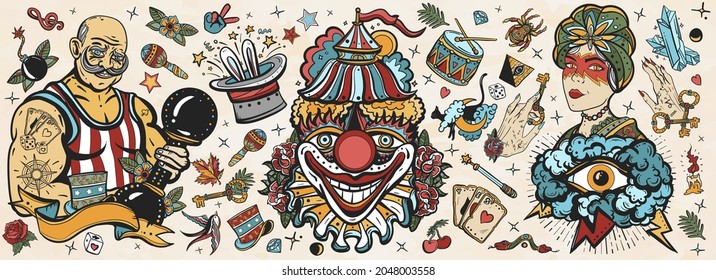 Circus. Old school tattoo vector collection. Clown, strong man with dumbbells, fortune teller woman, magic trick, rabbit in a magician hat. Traditional tattooing style. 